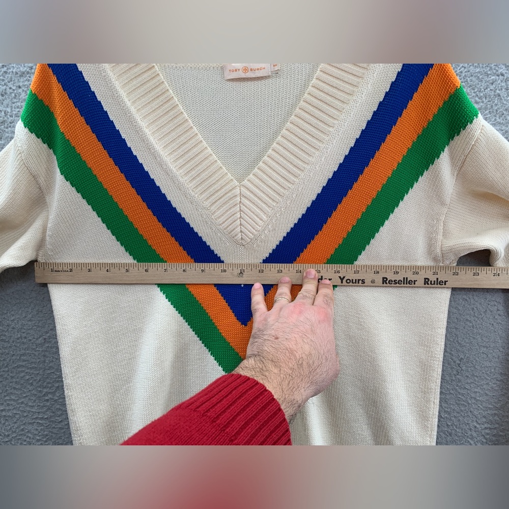 Tory Burch Cream V‑Neck Sweater with Blue, Orange & Green Chevron - Picture 8 of 11